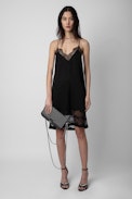 Crystal Dress Silk - Women's black silk dress with straps