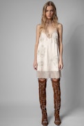 Abito Calissa Strass Seta - Abito corto in seta beige con ricami e decorazioni di cristalli, donna