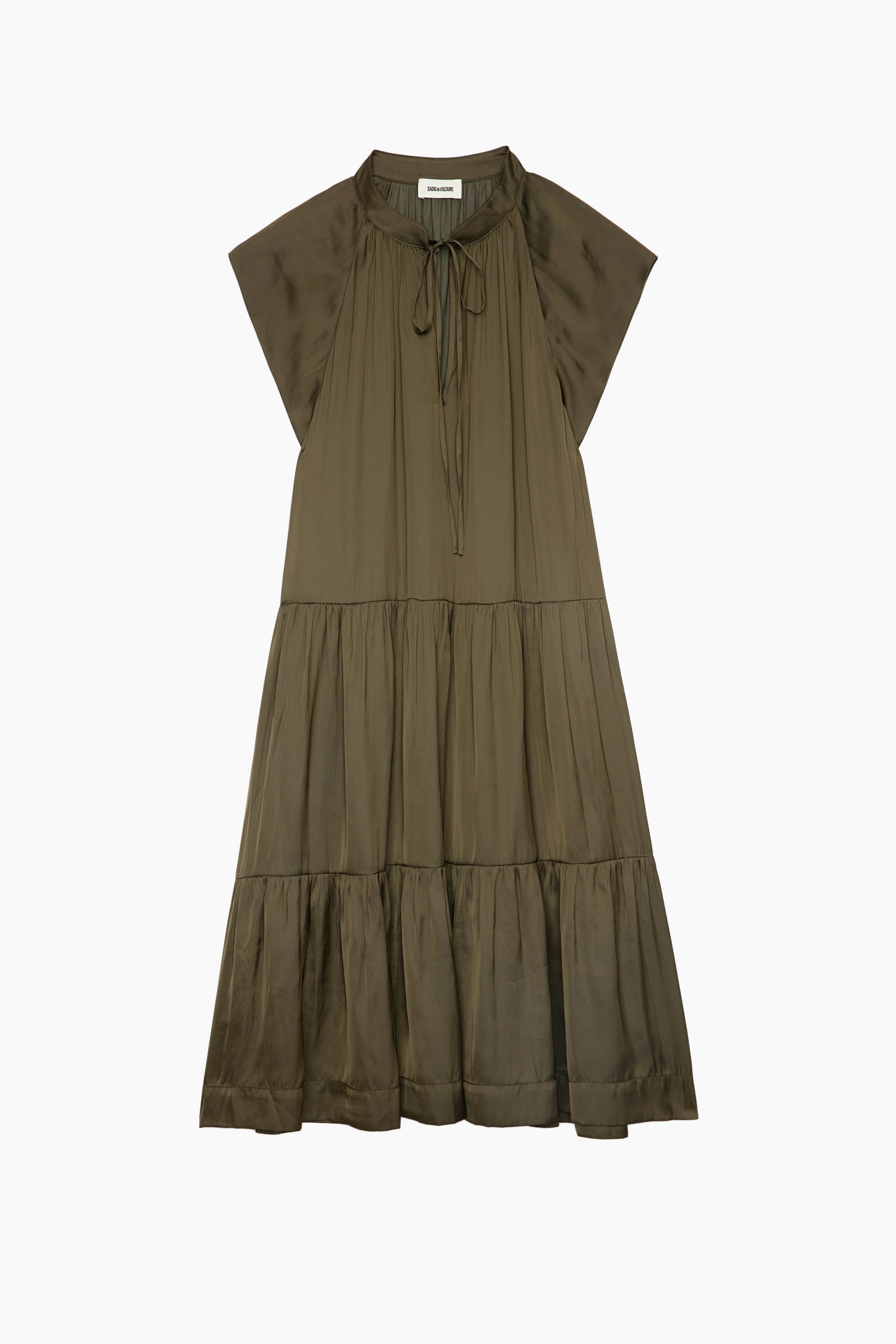 Rito Satin Dress Women's short dress in khaki satin with short sleeves and ruffles