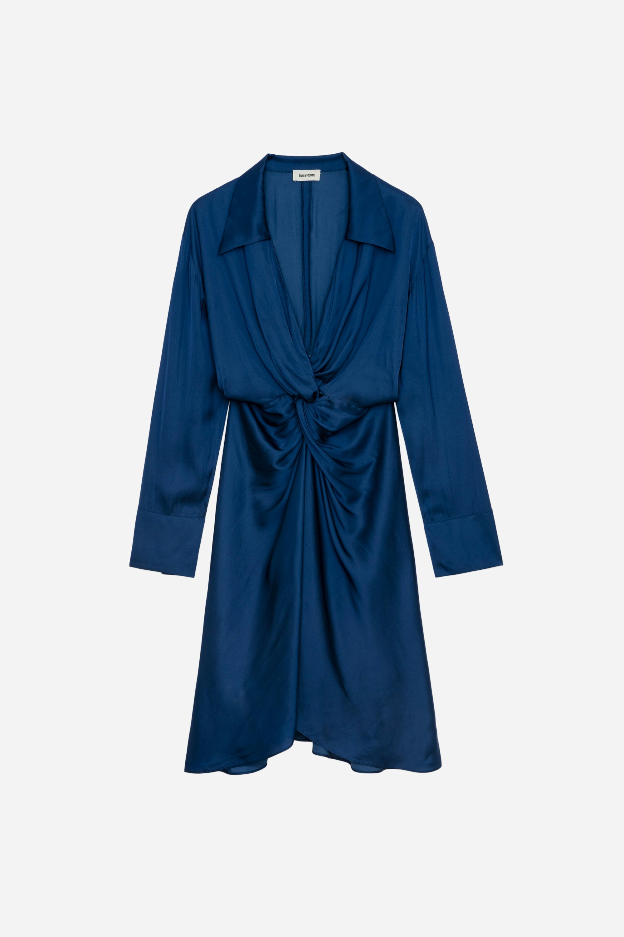 Rozo Satin Dress Women’s royal blue draped satin midi dress with asymmetric sleeves.