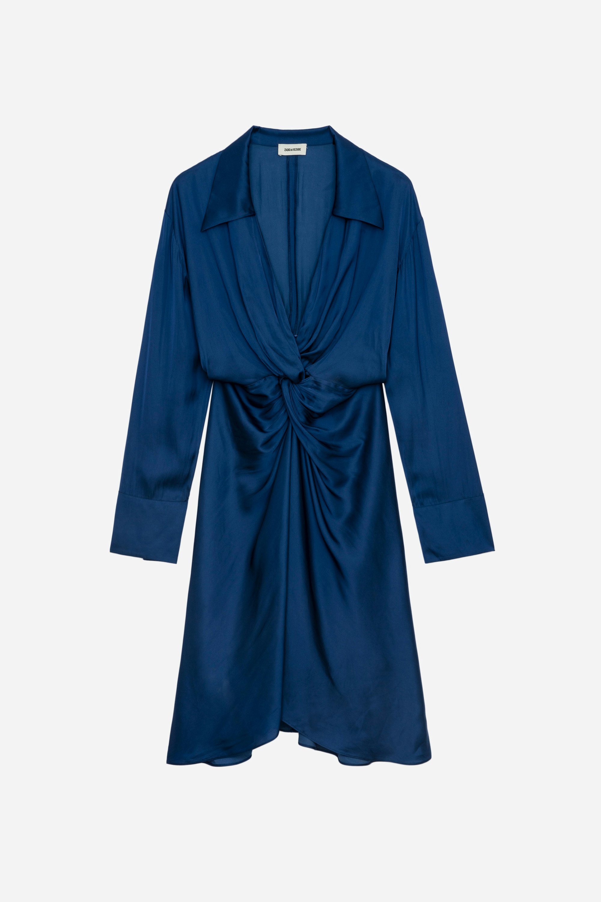Rozo Satin Dress - Women’s royal blue draped satin midi dress with asymmetric sleeves.