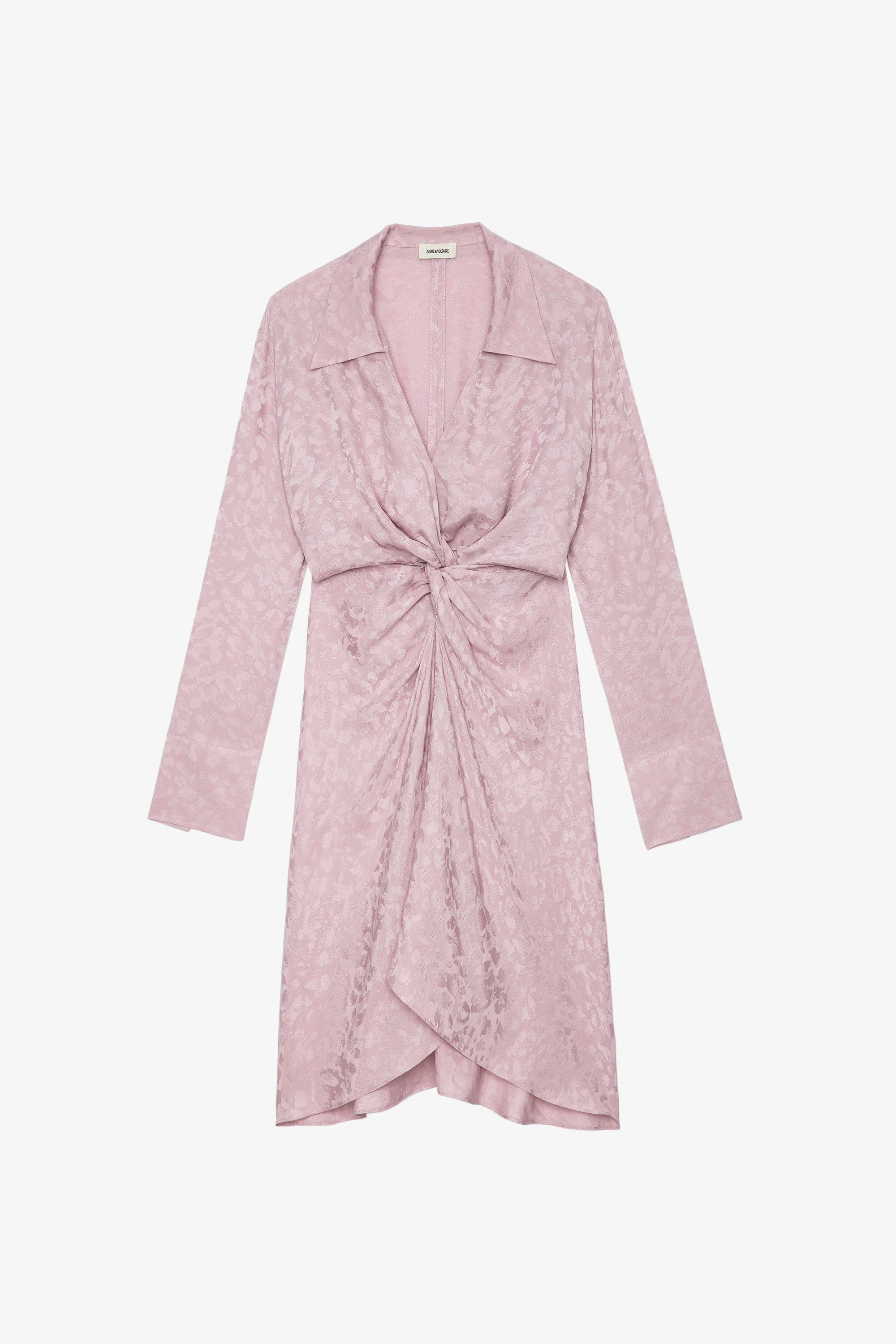 Rozo Silk Dress Women’s long dress in pink leopard-print jacquard silk, draped and tied at the waist