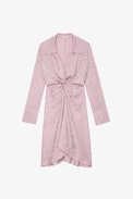 Rozo Silk Dress - Women’s short dress in pink leopard-print jacquard silk, draped and tied at the waist