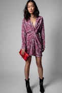 Rozo Dress Silk - Women's draped red silk dress with snake print