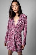Rozo Dress Silk - Women's draped red silk dress with snake print