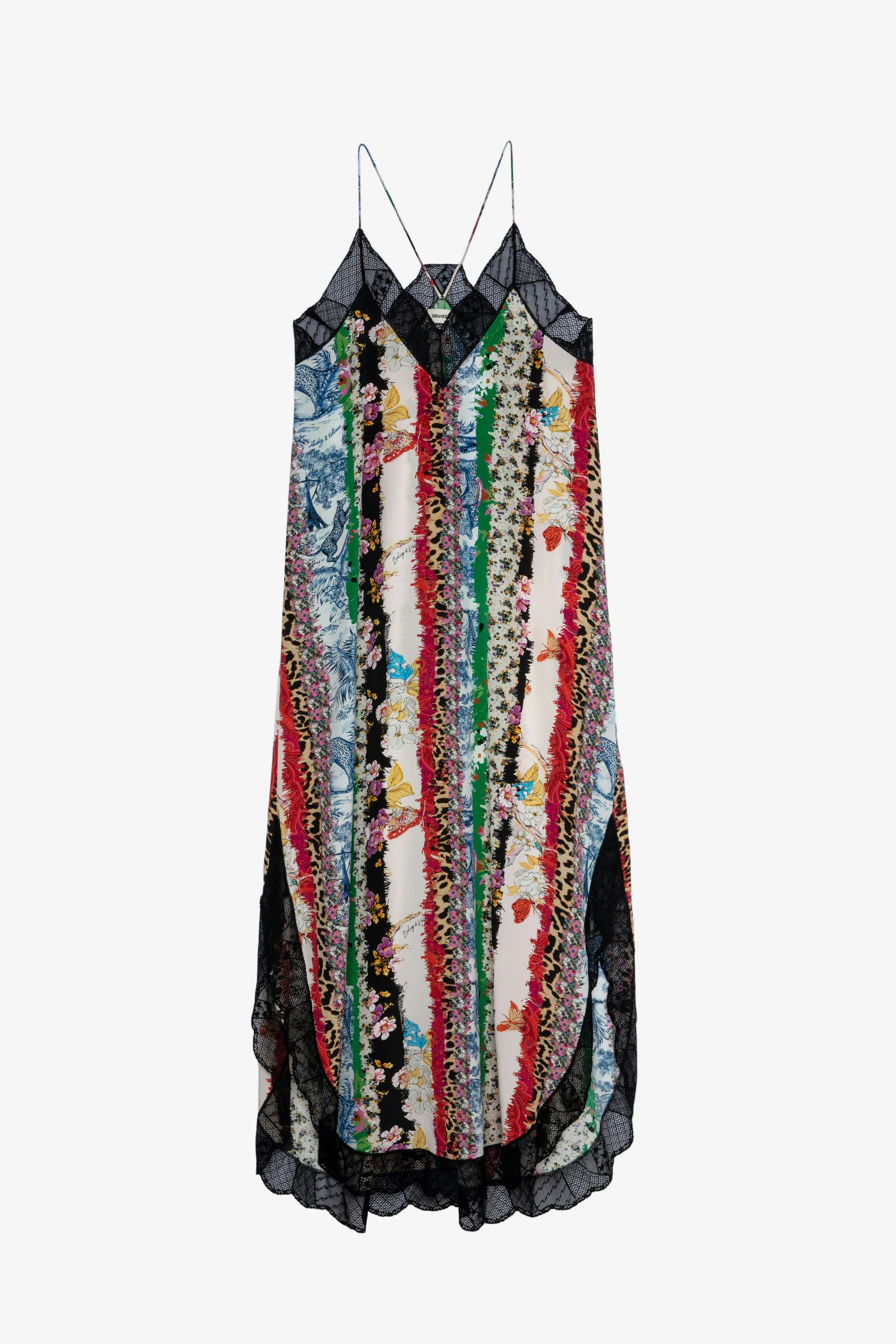 Kleid Ristyl mit verschiedenen Prints 25 Jahre Langes Damenkleid mit schmalen Trägern mit Drucken verziert