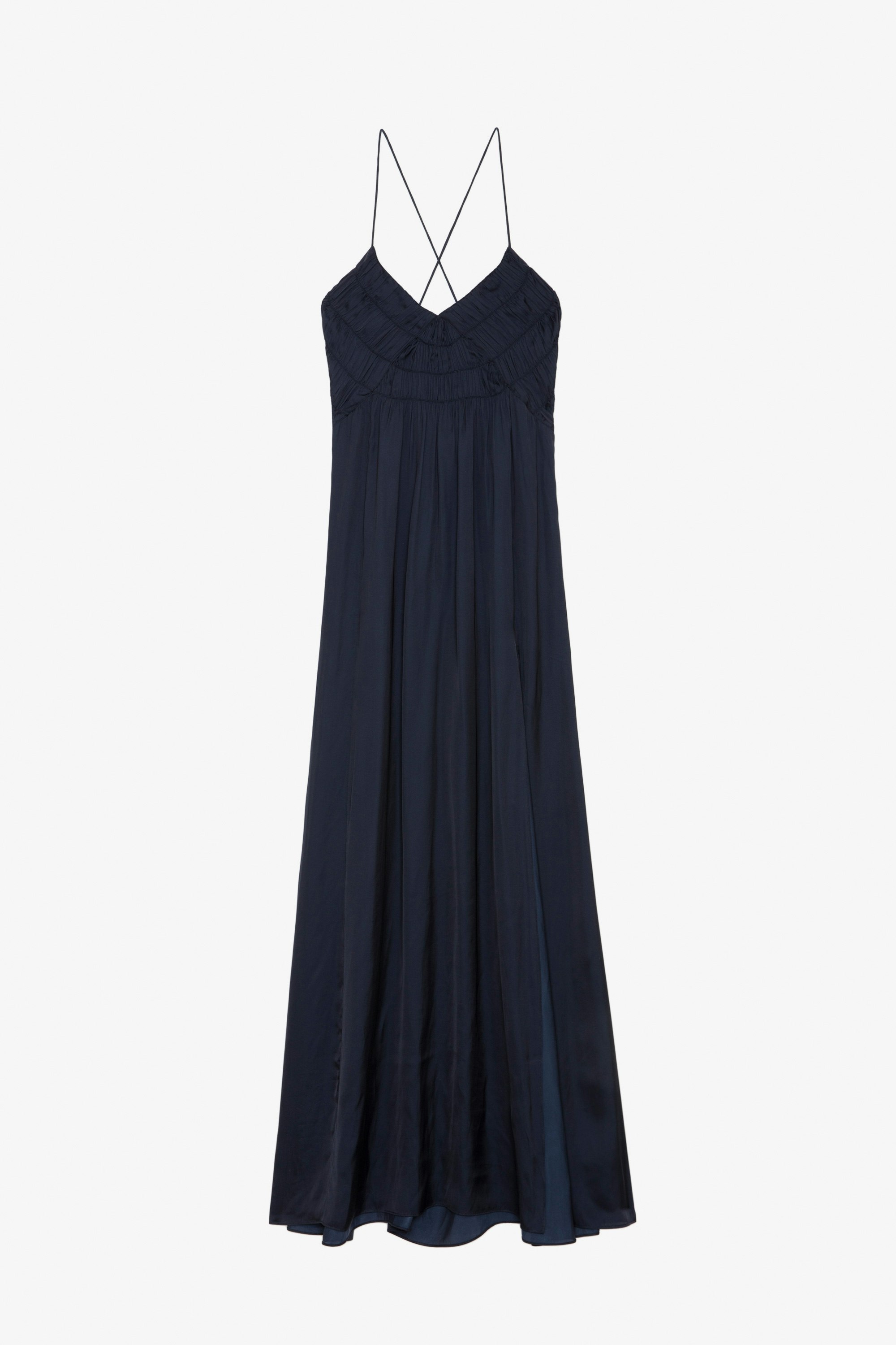 Rayonne Satin Dress - Navy blue satin long lingerie-style dress with straps, split on the skirt and elaborate front.