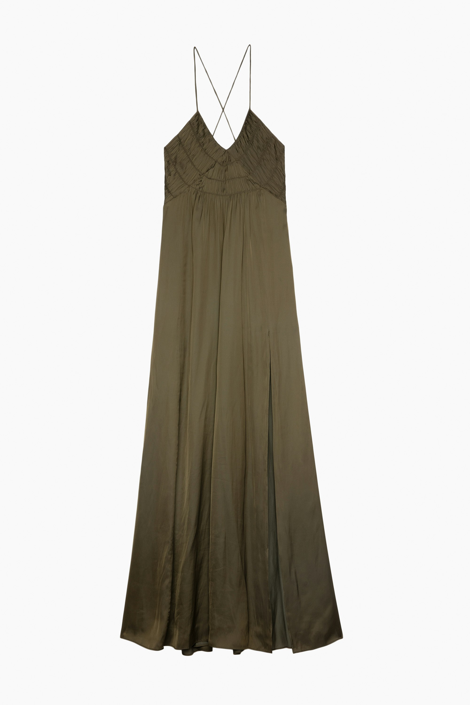 Kleid Rayonne Satin - Langes, gerafftes Damenkleid aus khakifarbenem Satin mit schmalen Trägern