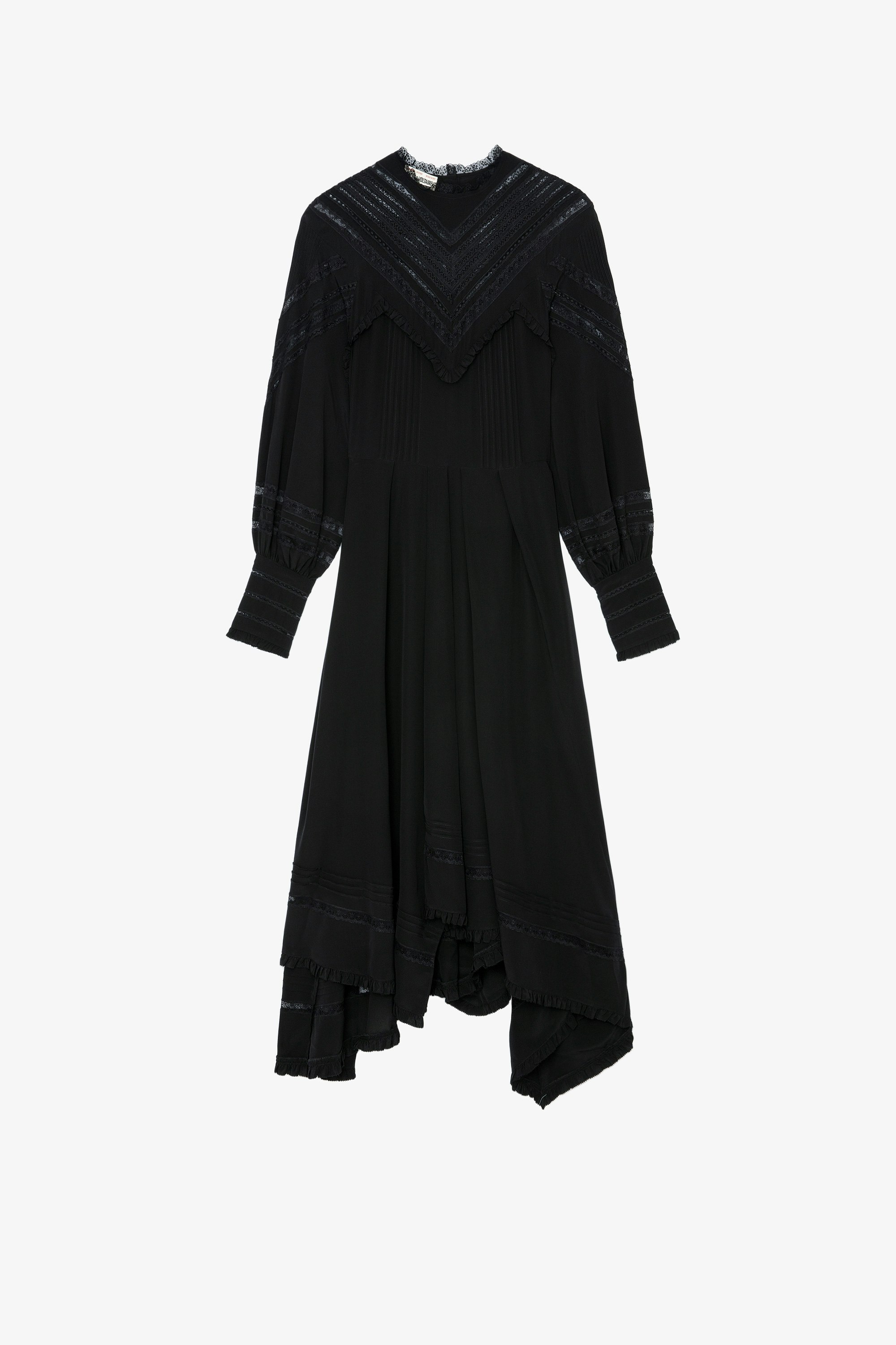 Kleid Rozyl Seide Langes asymmetrisches Damenkleid aus schwarzer Seide mit drapierter Optik und asymmetrischem Rock 