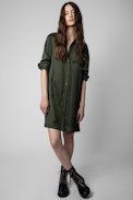 Rack Satin Dress - Women’s khaki satin dress tied at the waist