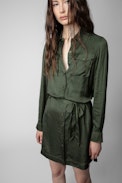 Rack Satin Dress - Women’s khaki satin dress tied at the waist