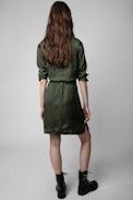 Rack Satin Dress - Women’s khaki satin dress tied at the waist
