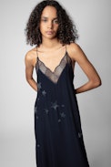 Risty Soft Diamanté Stars Dress - Women’s navy blue long dress with lace trim and studded with crystal-embellished stars