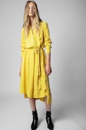 Rallye Chains Silk Dress - Women’s long yellow silk shirt dress with jacquard ZV chains
