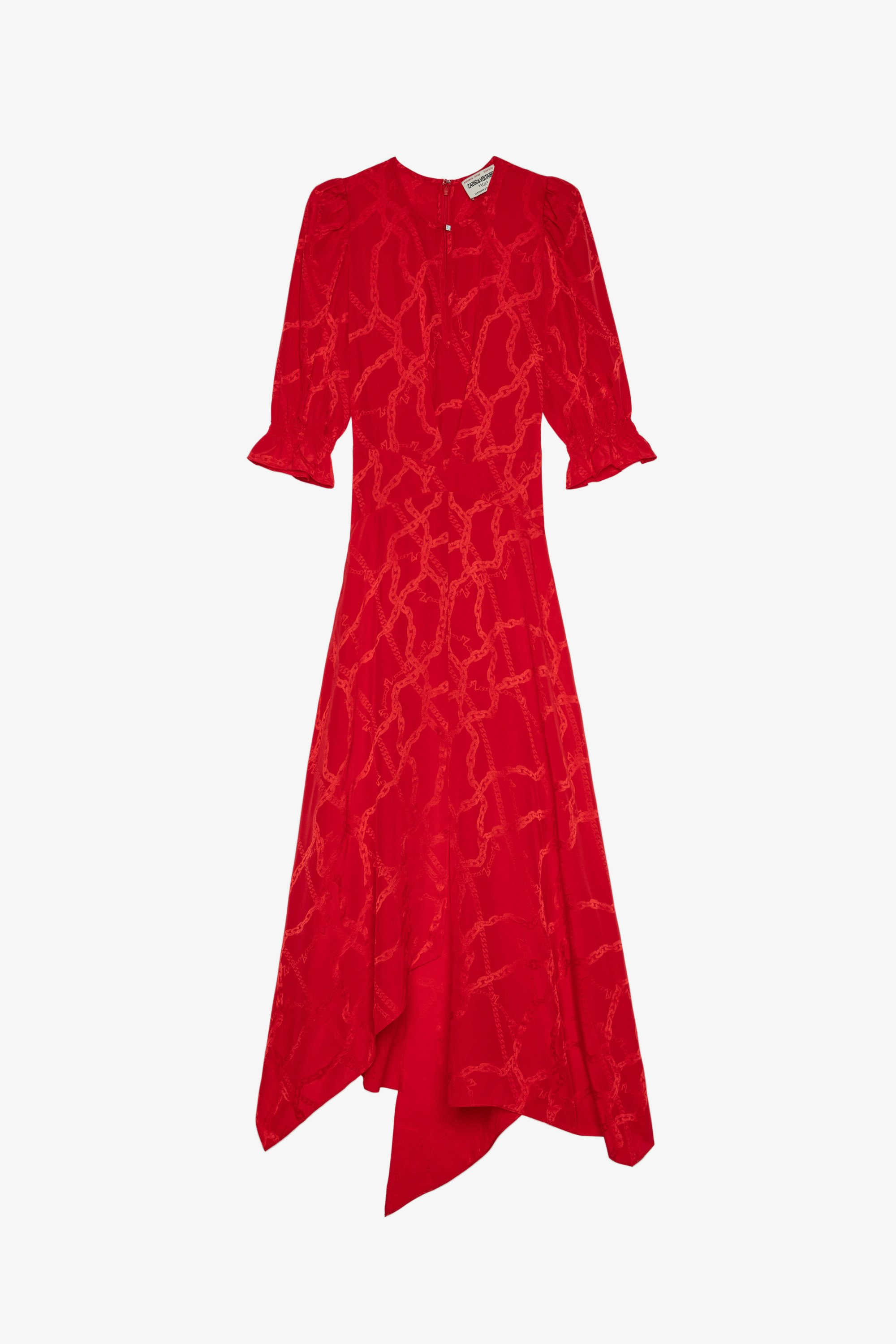 Kleid Ranage Jac Seide Damen-Seidenkleid aus orangefarbenem Jacquardstoff mit Drapierung und Kettenmotiven 
