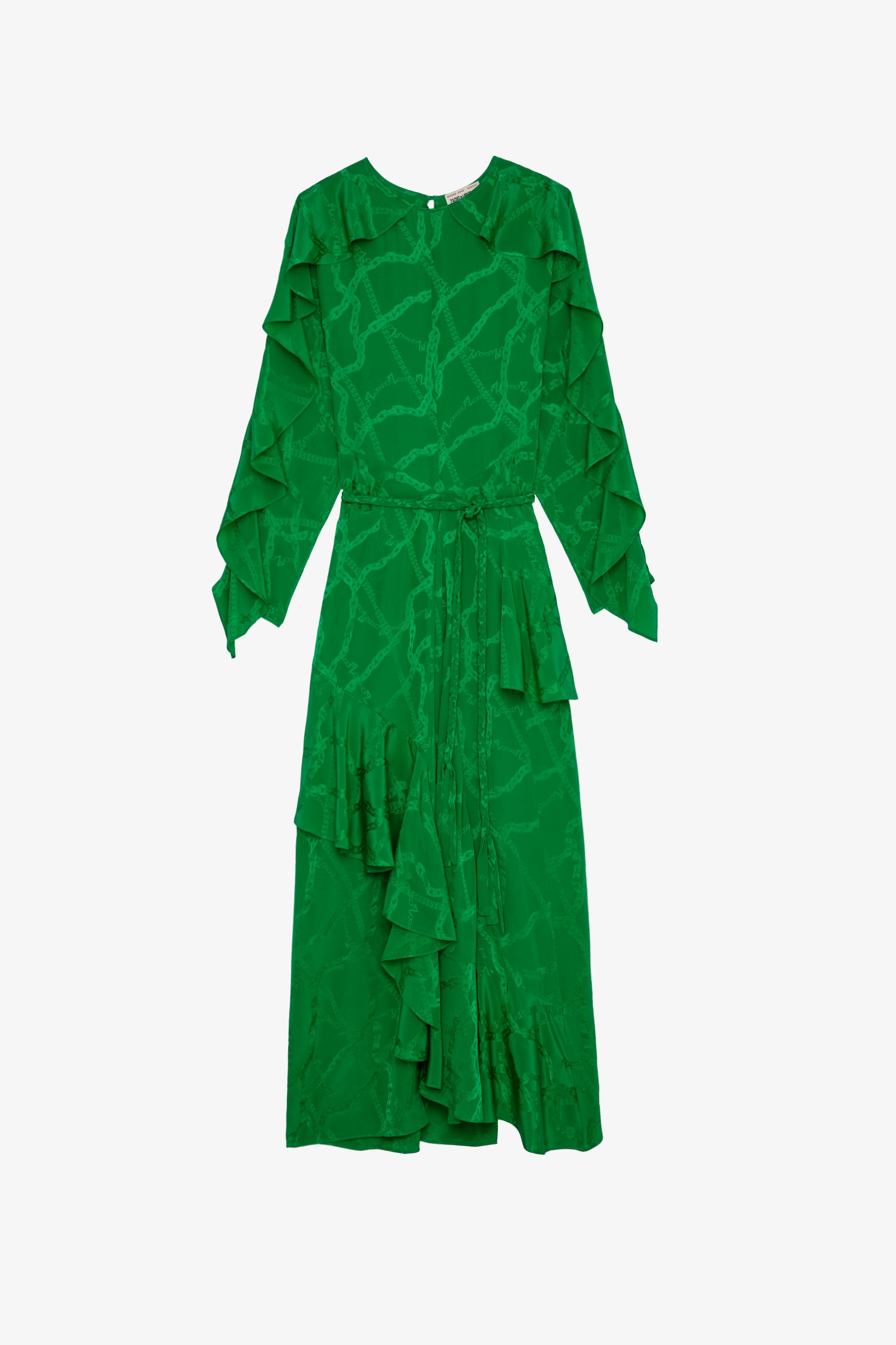 Ritana Chains Silk Dress Women’s long green silk dress with draped effect, decorated with jacquard ZV chains, tied with a braided belt at the waist 