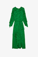 Ritana Chains Silk Dress - Women’s long green silk dress with draped effect, decorated with jacquard ZV chains, tied with a braided belt at the waist