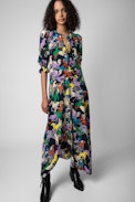 Ranage Horses Silk Dress - Women’s long asymmetric dress in blue silk with horse print