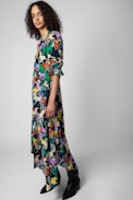 Ranage Horses Silk Dress - Women’s long asymmetric dress in blue silk with horse print