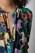 Ranage Horses Silk Dress - Women’s long asymmetric dress in blue silk with horse print