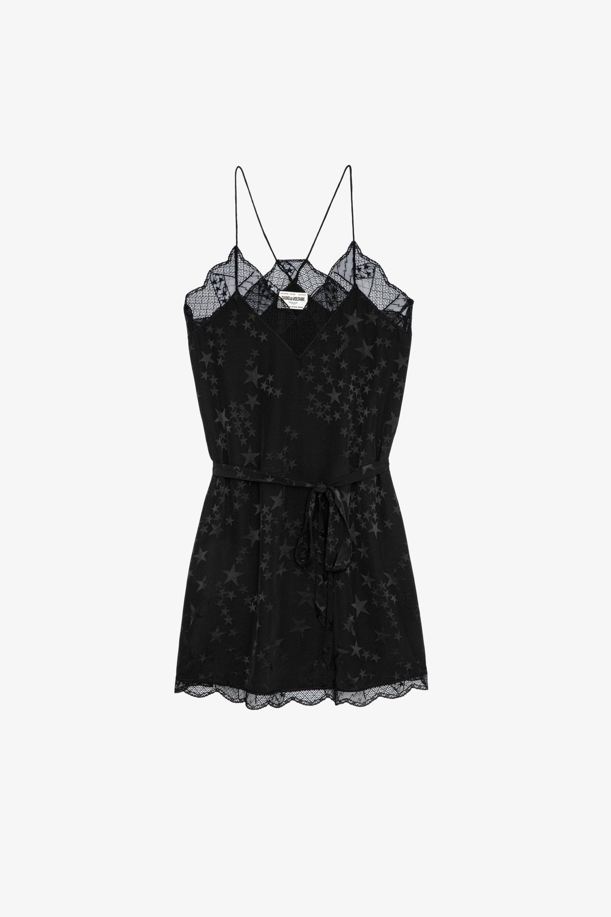 Kleid Ristyz Jac Stars Seide Kurzes Damenkleid aus schwarzer Jacquard-Seide mit Sternenmotiv. Mit Taillengürtel und Spitzenabschlüssen.