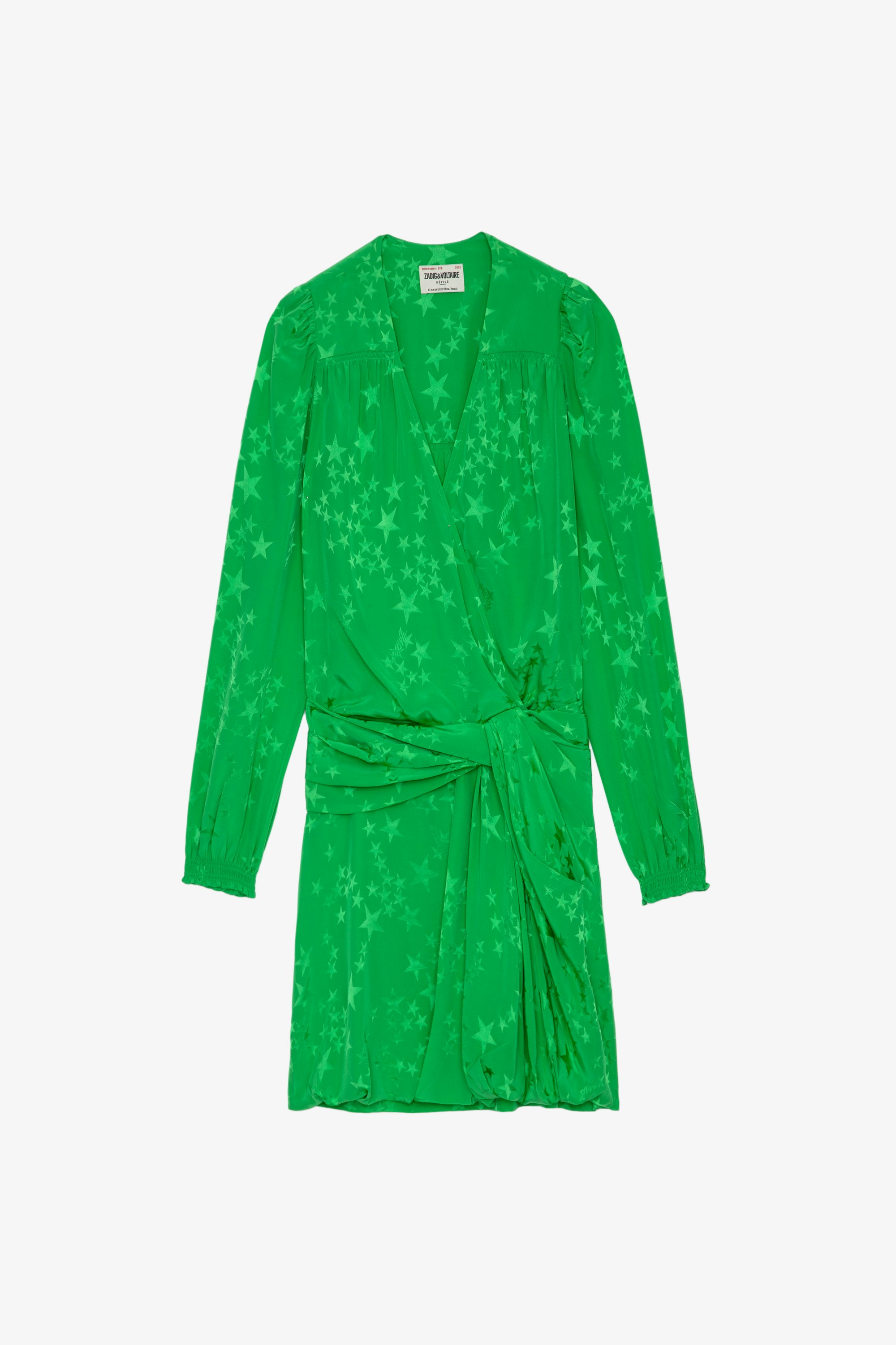 Recol Jacquard Silk Dress Women’s apple green silk jacquard mini dress with draped effect, embellished with stars and tied at the waist