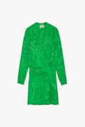 Recol Jacquard Silk Dress - Women’s apple green silk jacquard mini dress with draped effect, embellished with stars and tied at the waist