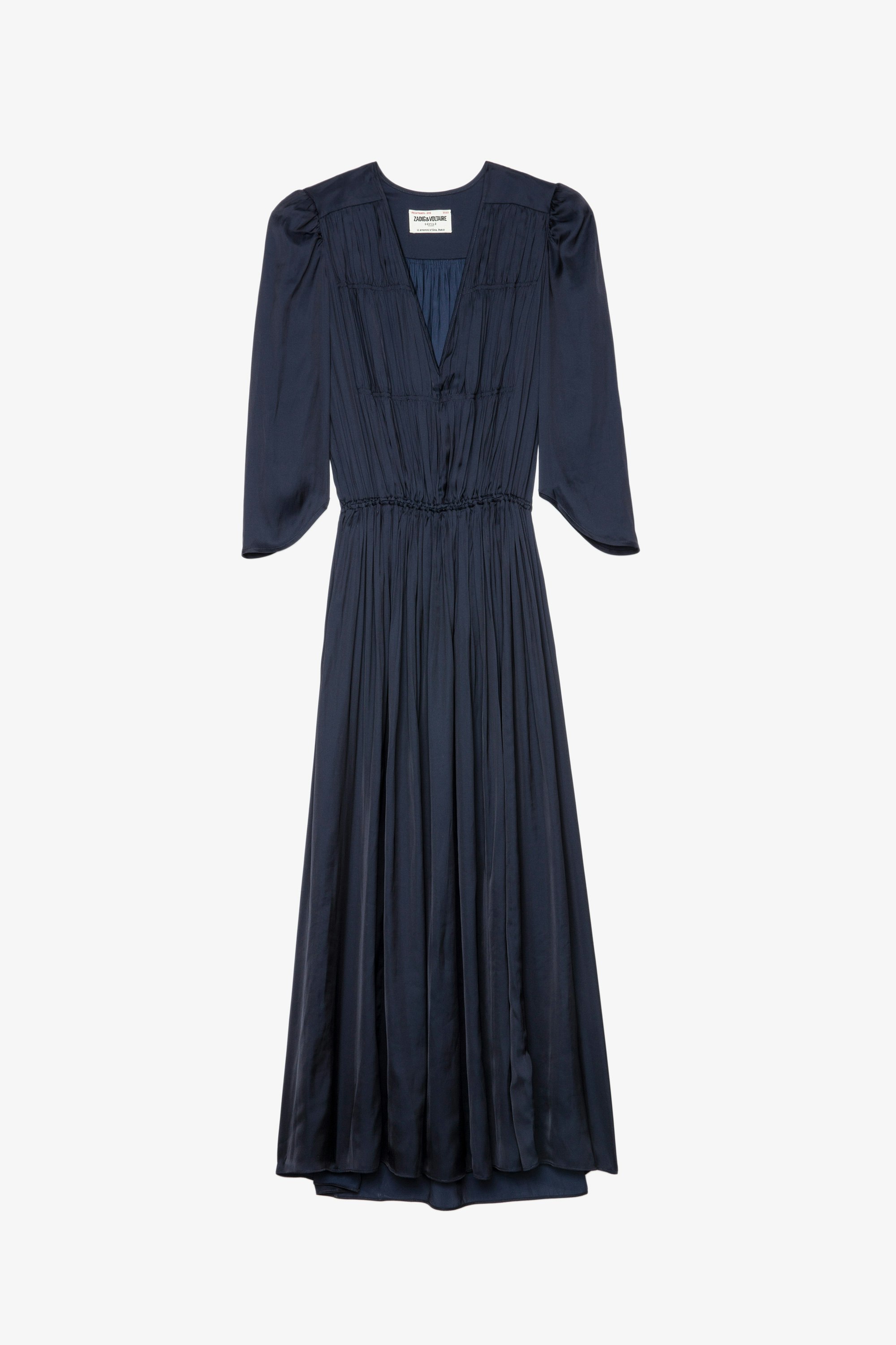 Ryoko Satin Dress Women's long navy blue satin dress, draped with asymmetrical sleeves
