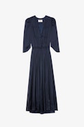 Ryoko Satin Dress - Women's long navy blue satin dress, draped with asymmetrical sleeves