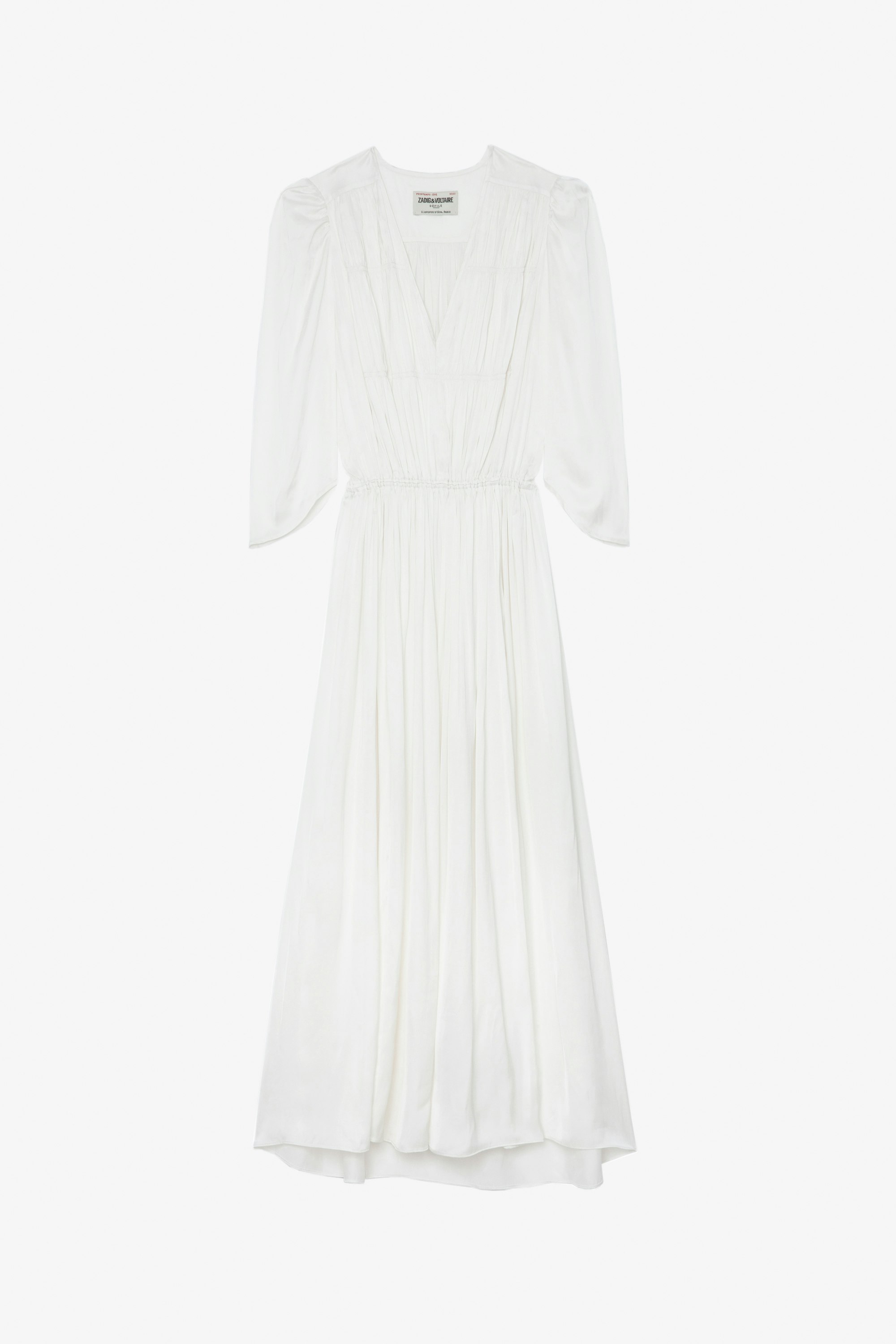 Ryoko Satin Dress Women's long white satin dress, draped with asymmetrical sleeves