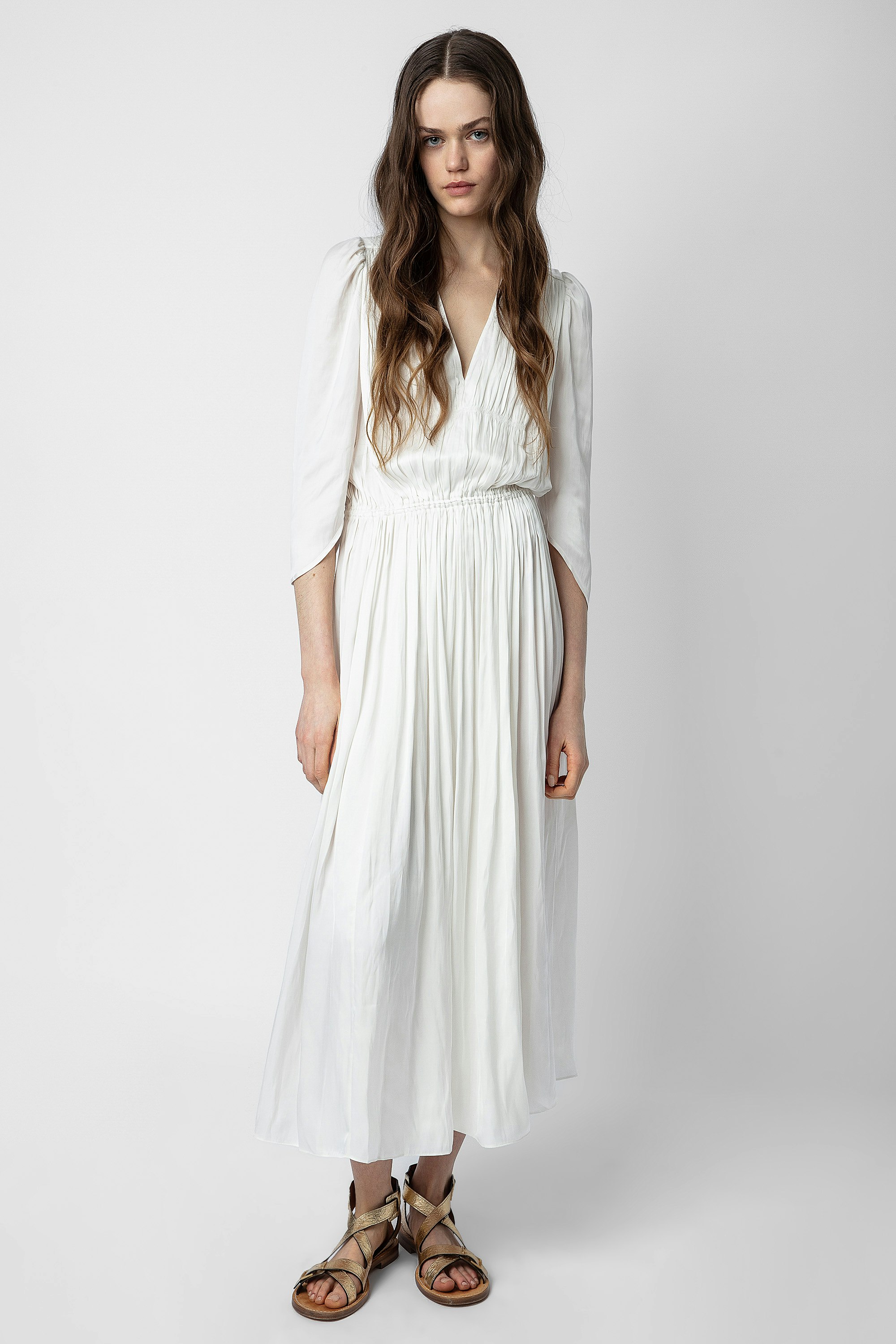 Ryoko Satin Dress - Women's long white satin dress, draped with asymmetrical sleeves