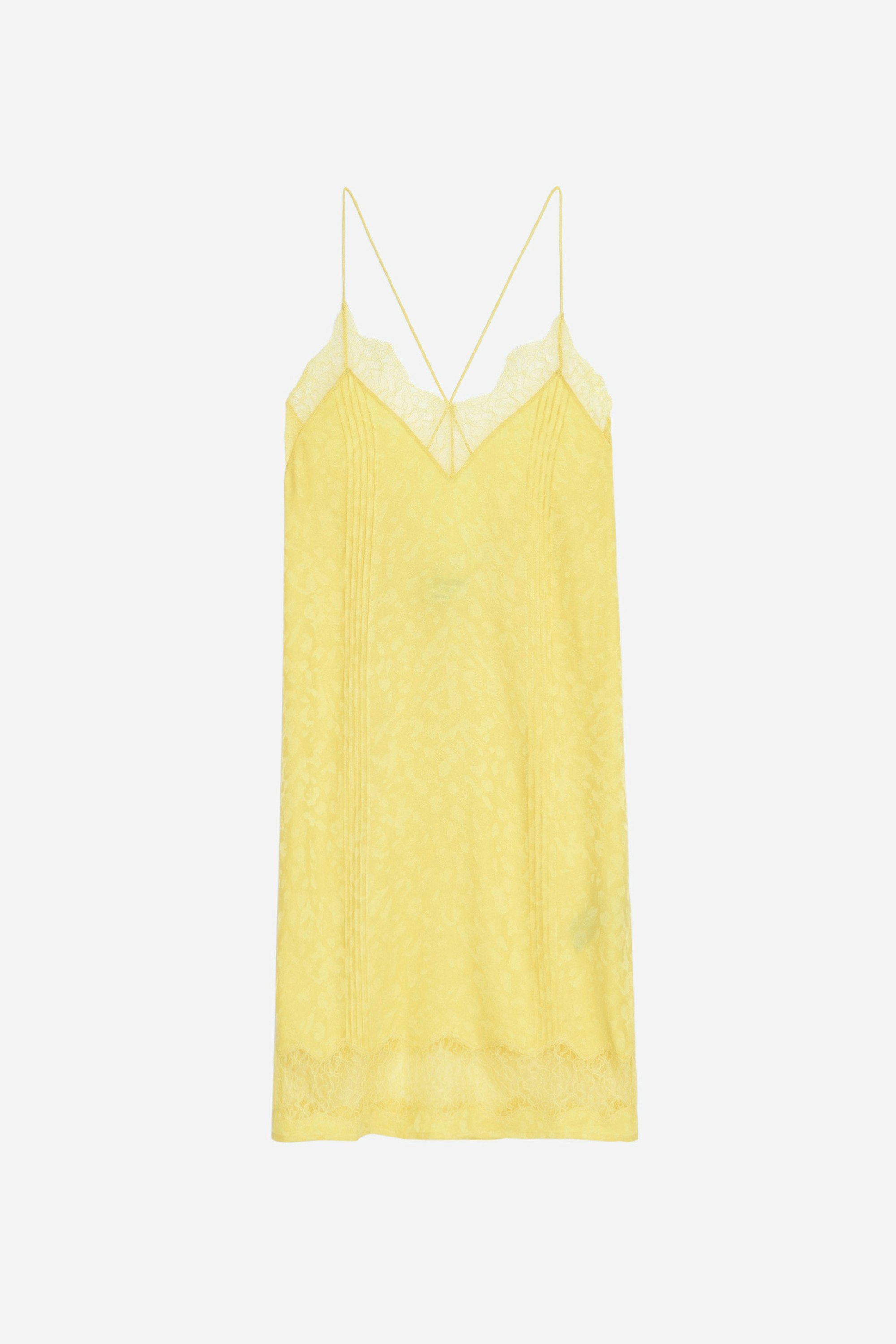 Crystal Silk Jacquard Dress - Yellow leopard jacquard silk short dress with crossover back and lace strips.