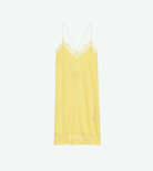 Crystal Silk Jacquard Dress - Yellow leopard jacquard silk short dress with crossover back and lace strips.