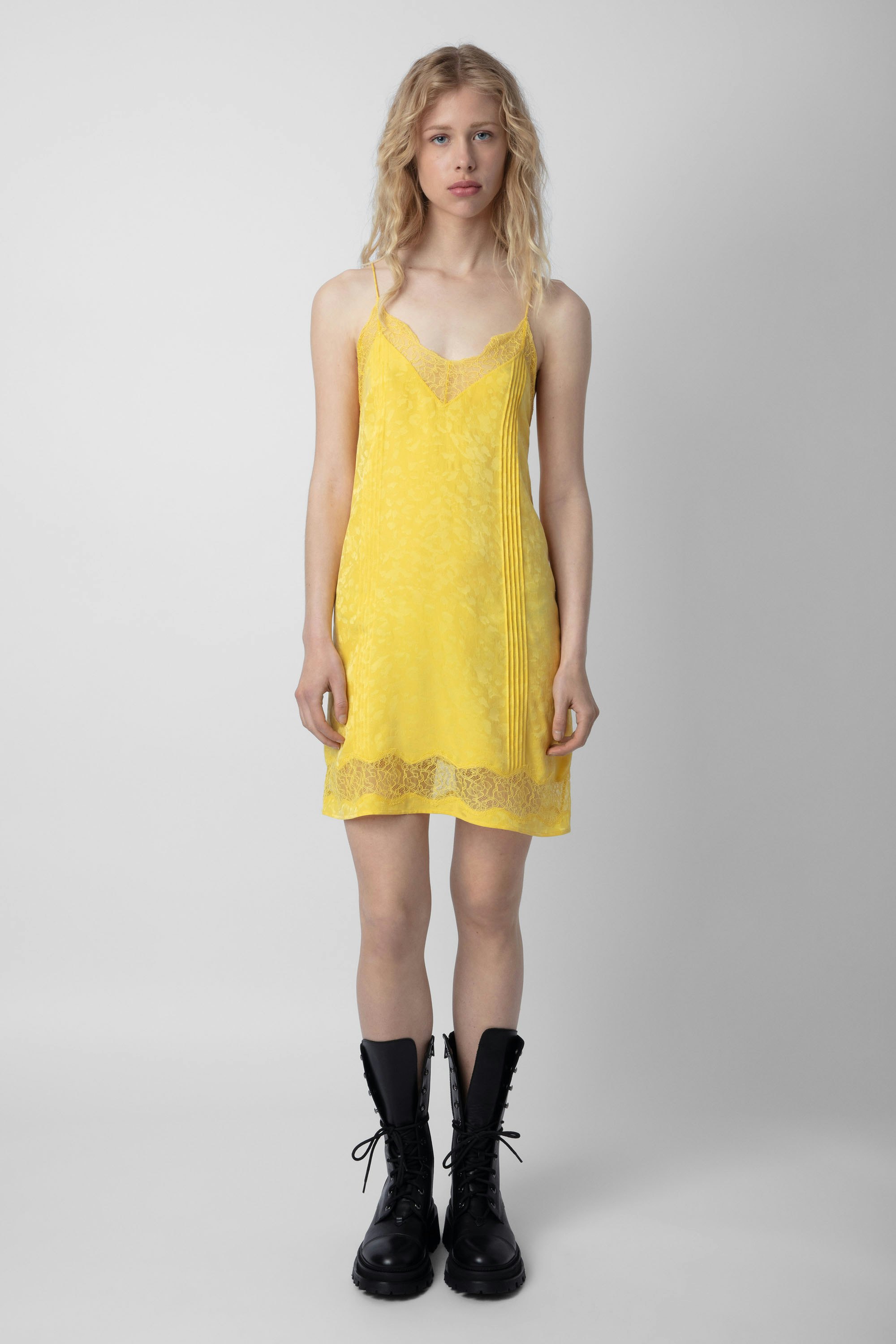 Crystal Silk Jacquard Dress - Yellow leopard jacquard silk short dress with crossover back and lace strips.