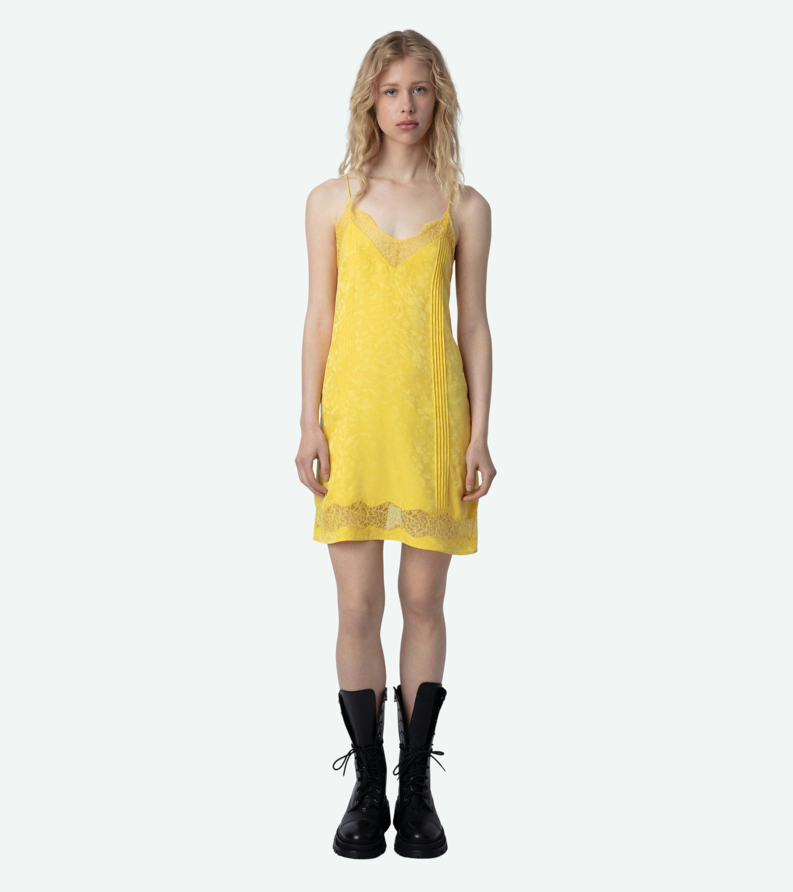 Crystal Silk Jacquard Dress - Yellow leopard jacquard silk short dress with crossover back and lace strips.