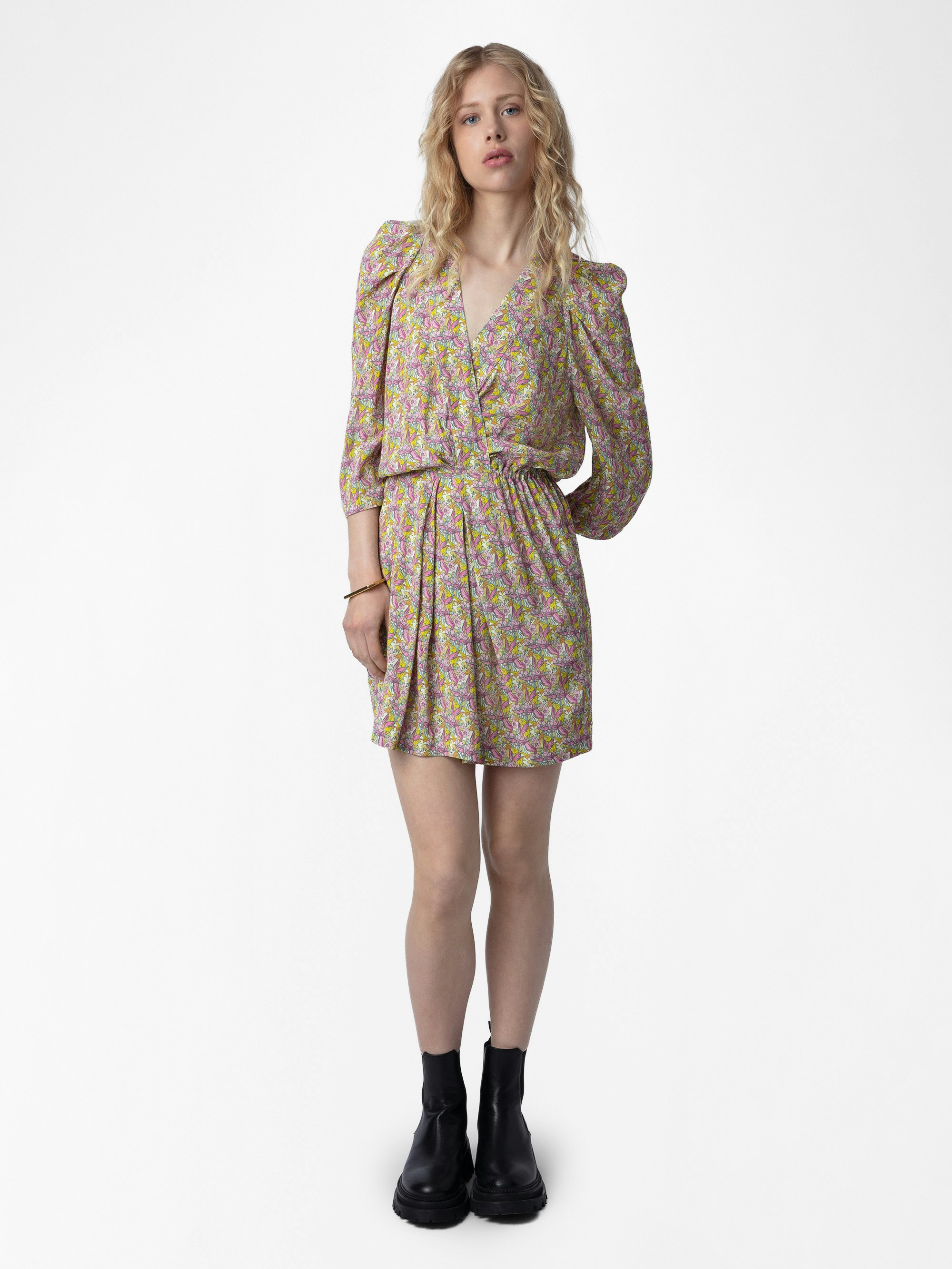 Dress Ruz - Short dress in liberty and wings printed crepe adorned with gathers.