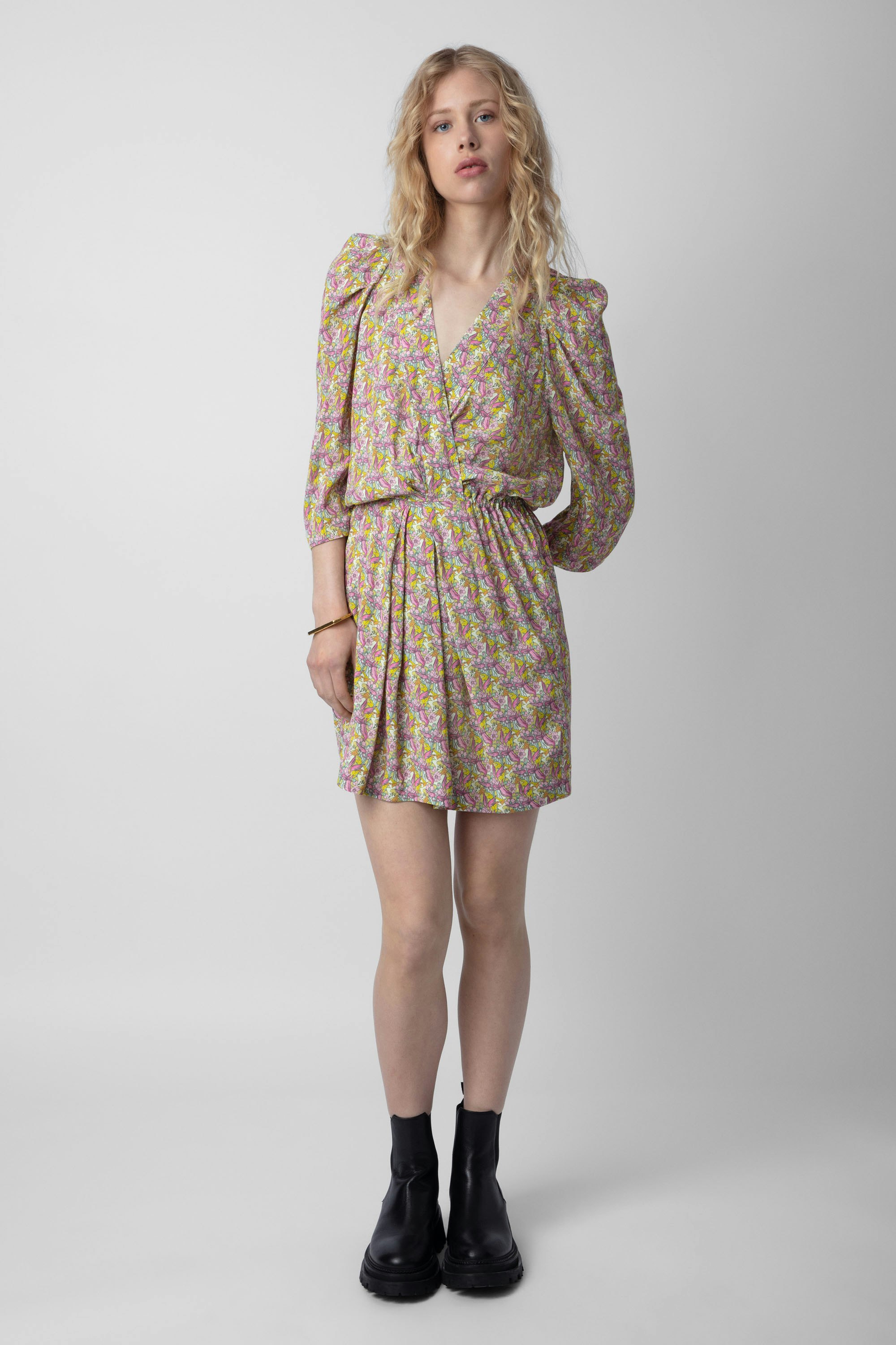 Ruz Dress - Women's yellow crepe short dress featuring liberty print, wings and gathered details.