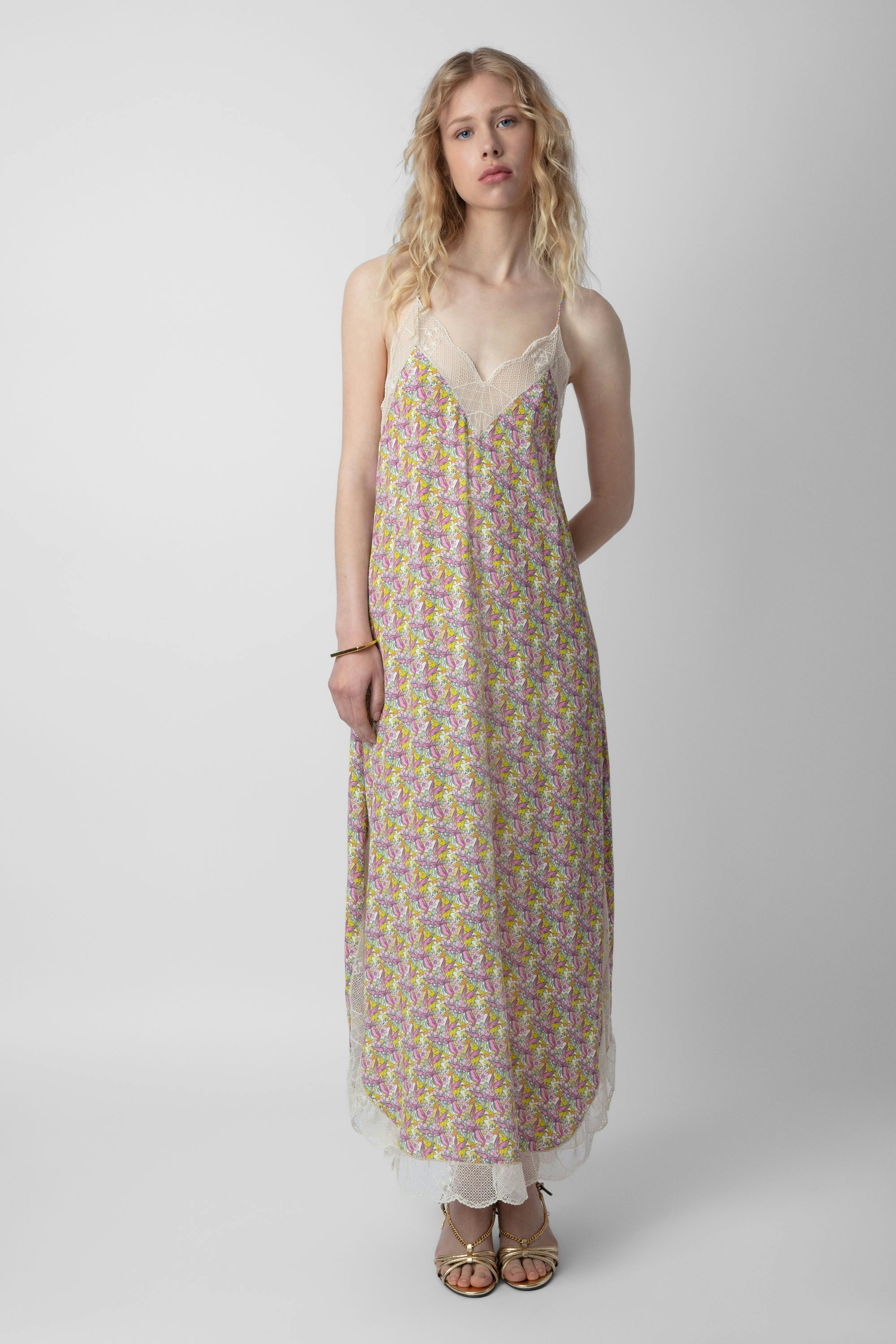 Ristyl Dress - Women's long yellow crepe dress featuring liberty print and wings.