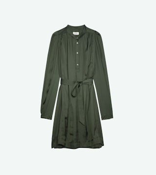 Robe Ritchin Satin - Robe courte en satin kaki à fronces.