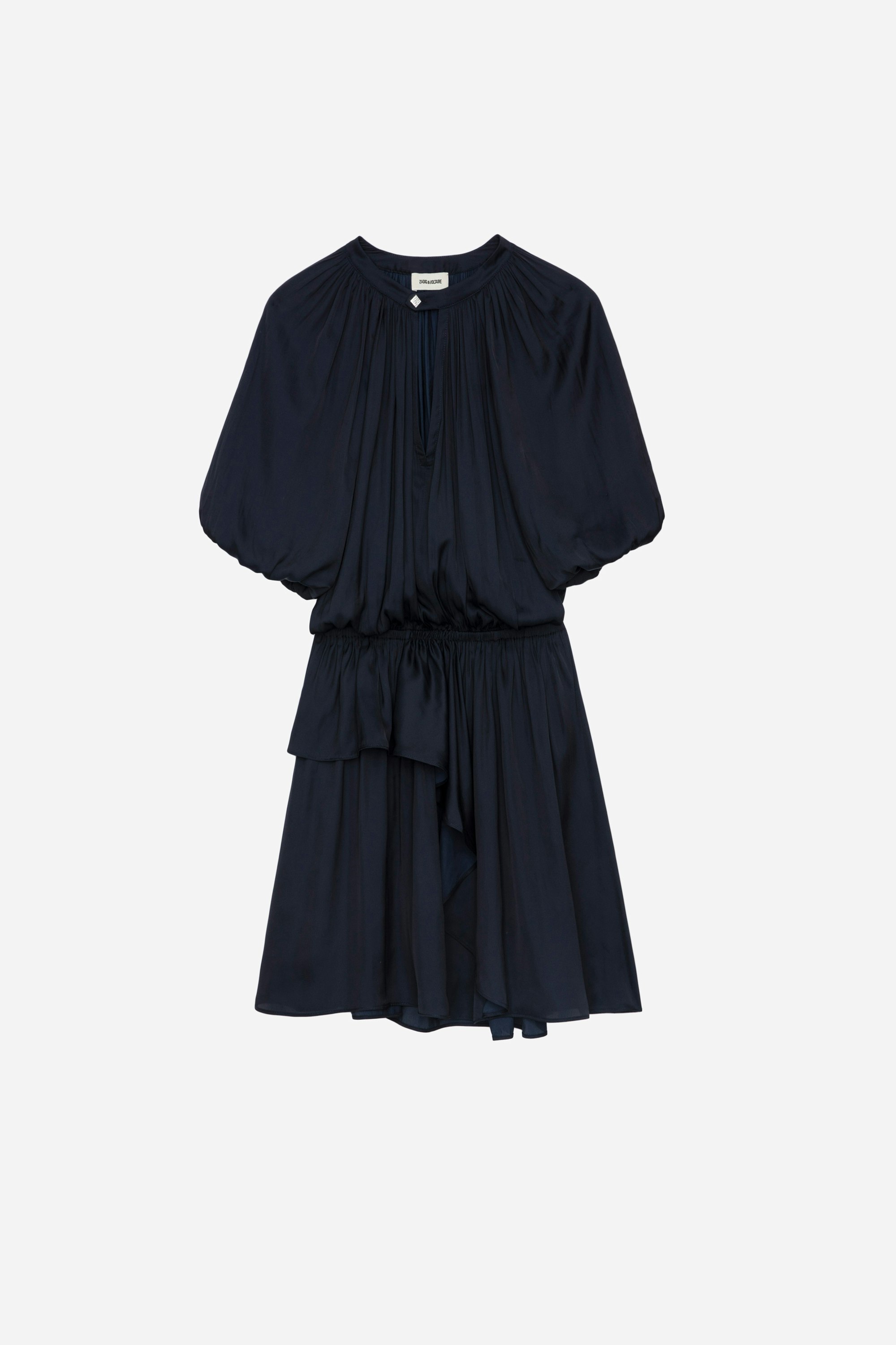 Romina Satin Dress Women’s short navy blue satin dress with balloon sleeves and asymmetric skirt with ruffles.