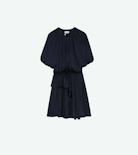 Romina Satin Dress - Women’s short navy blue satin dress with balloon sleeves and asymmetric skirt with ruffles.