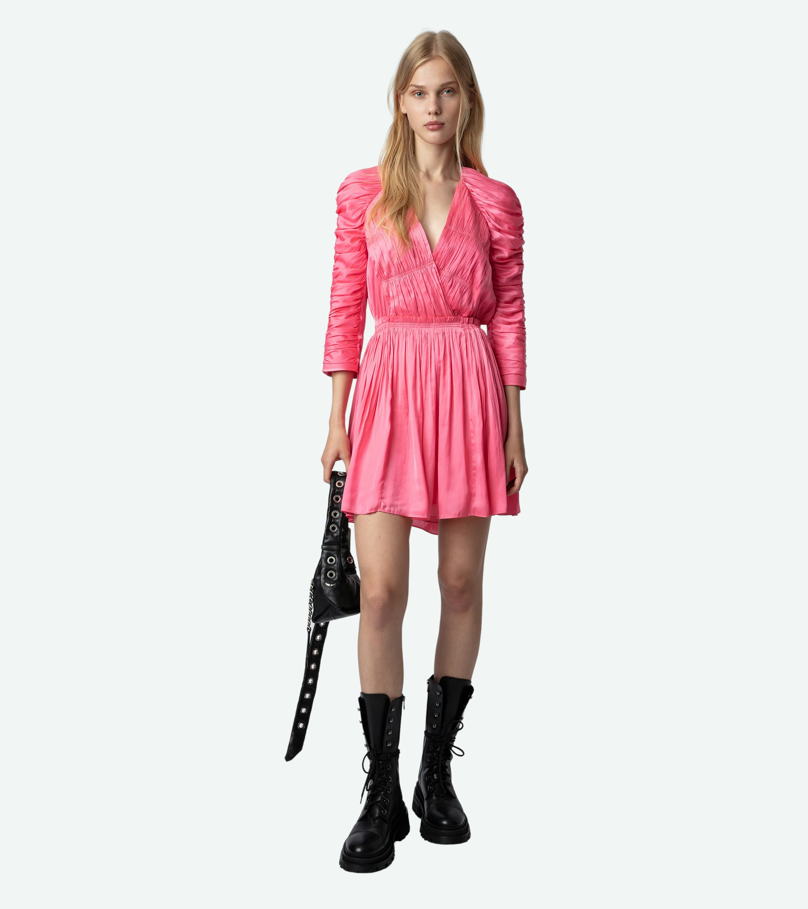 Realine Satin Dress - Women’s short pink satin dress with gathers.