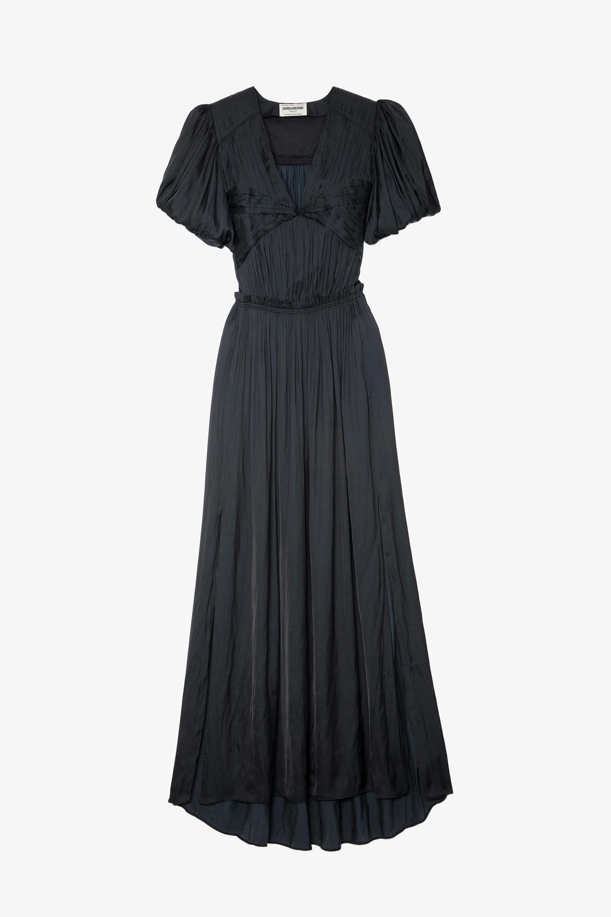 Kleid Reina Satin - Langes, drapiertes Damenkleid aus schwarzem Satin mit Raffungen und kurzen Ballonärmeln.