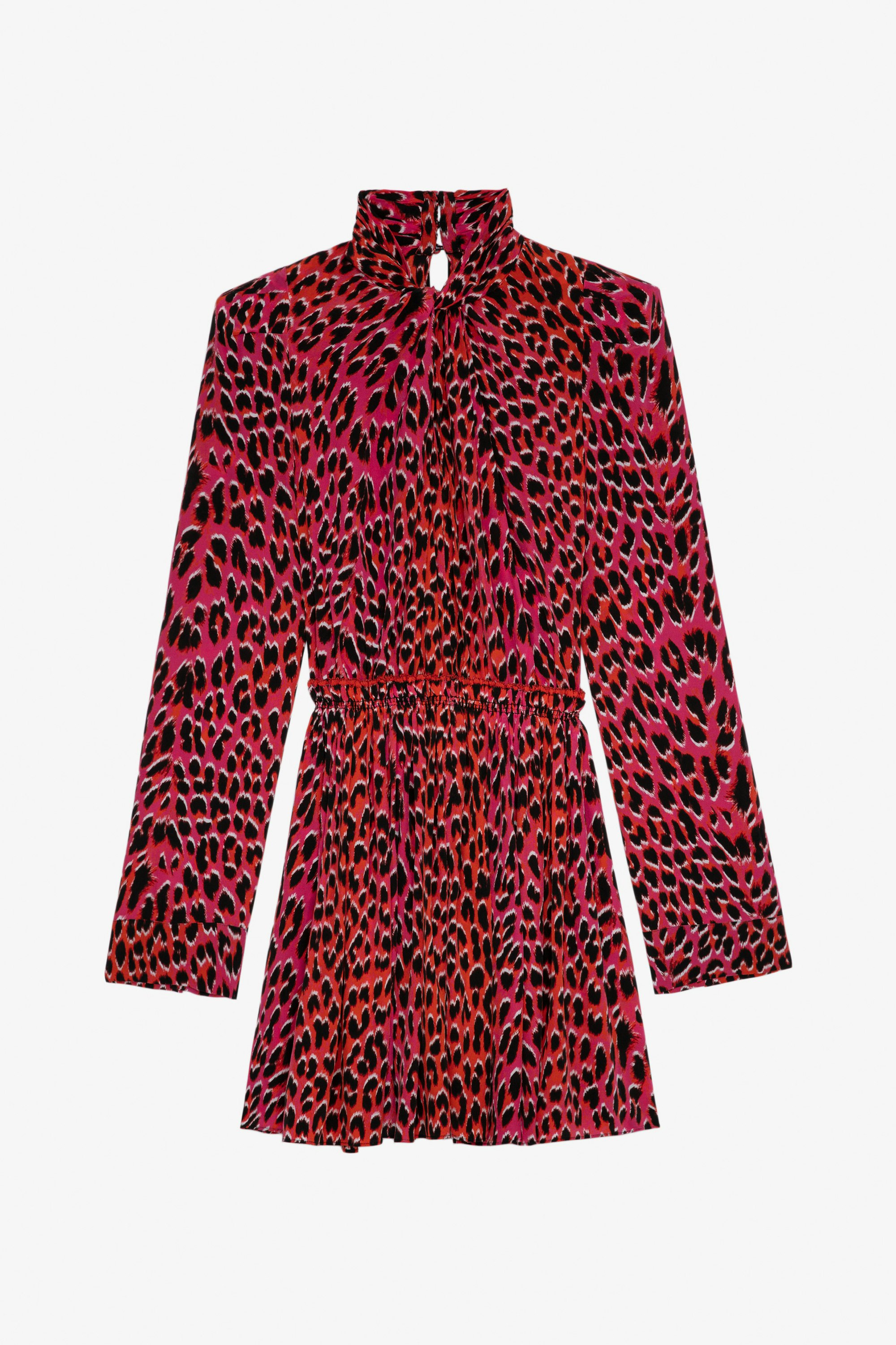 Robe Ryde Léopard Soie - Robe courte en soie rose imprimé léopard à col lavalière.