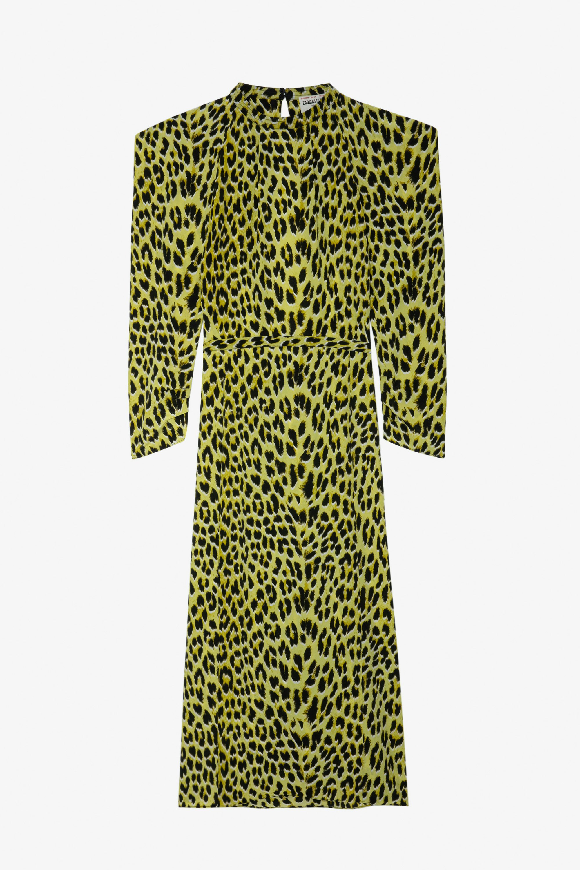 Racyl Leopard Silk Dress - Women’s long yellow leopard-print silk dress with shoulder pads, belt and cut-out on back.