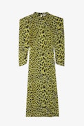 Racyl Leopard Silk Dress - Women’s long yellow leopard-print silk dress with shoulder pads, belt and cut-out on back.