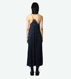 Risty Silk Jacquard Dress - Women’s long navy blue floral silk jacquard with lace trim.