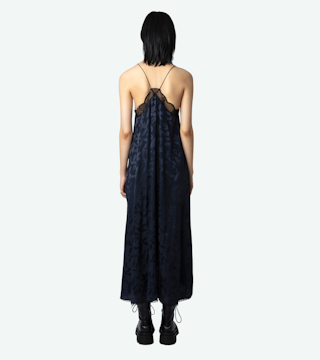 Robe Risty Soie Jacquard - Robe longue en soie bleue marine jacquard fleuri et ornée de dentelle.