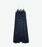 Risty Silk Jacquard Dress - Women’s long navy blue floral silk jacquard with lace trim.