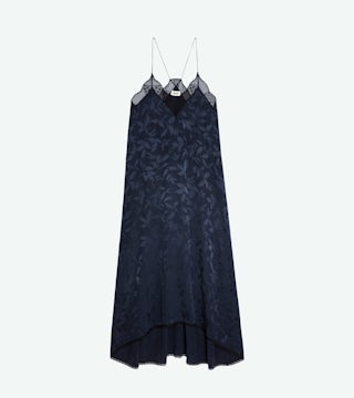 Robe Risty Soie Jacquard - Robe longue en soie bleue marine jacquard fleuri et ornée de dentelle.